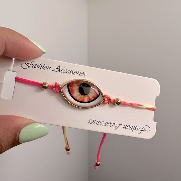 Pink & Yellow Evil Eye Pull Cord Bracelet - Picture 3 of 4